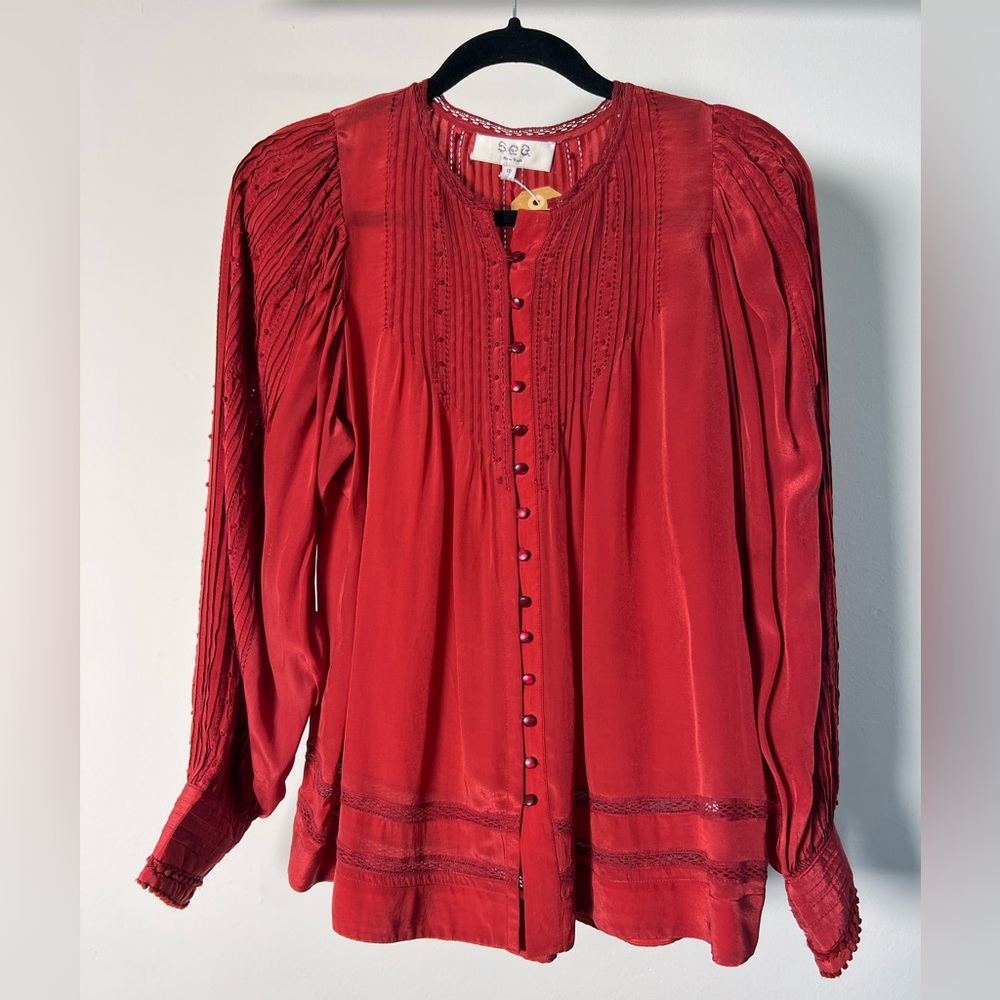 SEA New York Rust Red L/S Pintuck Puff Sleeved Blouse Size Small